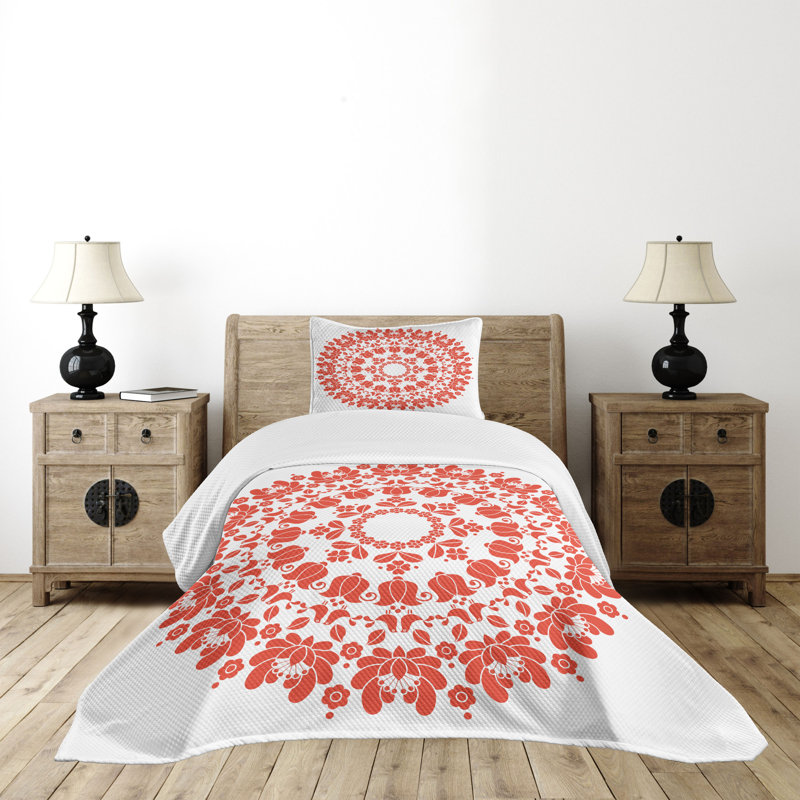 Twin White and Vermilion Mandala Polyester Bedspread Set