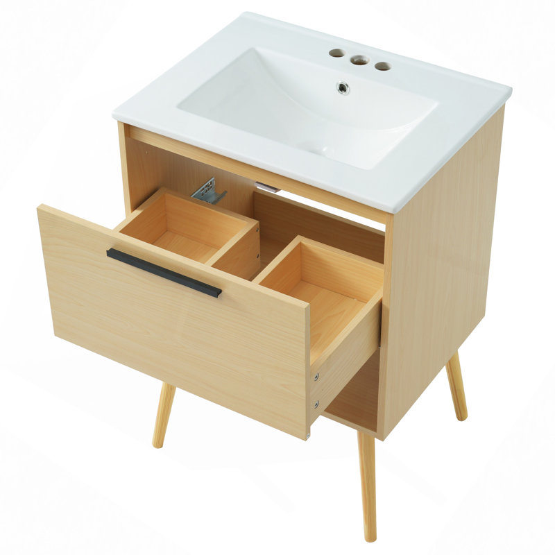 Meuble-lavabo 24 po avec lavabo, armoire de salle de bain multifonctionnelle avec tiroir, panneau de fibres à densité moyenne, naturel