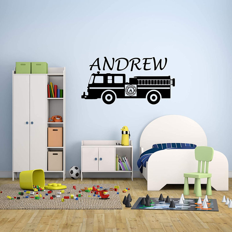 Adhésif décoratif camion de pompier nom personnalisé, H 10 po x l 20 po, Oui, Noir