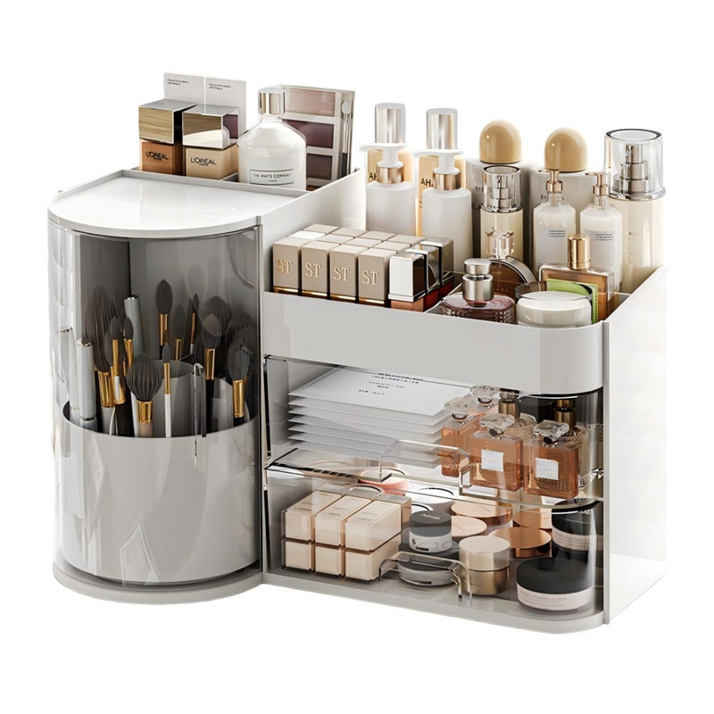 Organisateur de maquillage rotatif avec tiroirs, grand (blanc)
