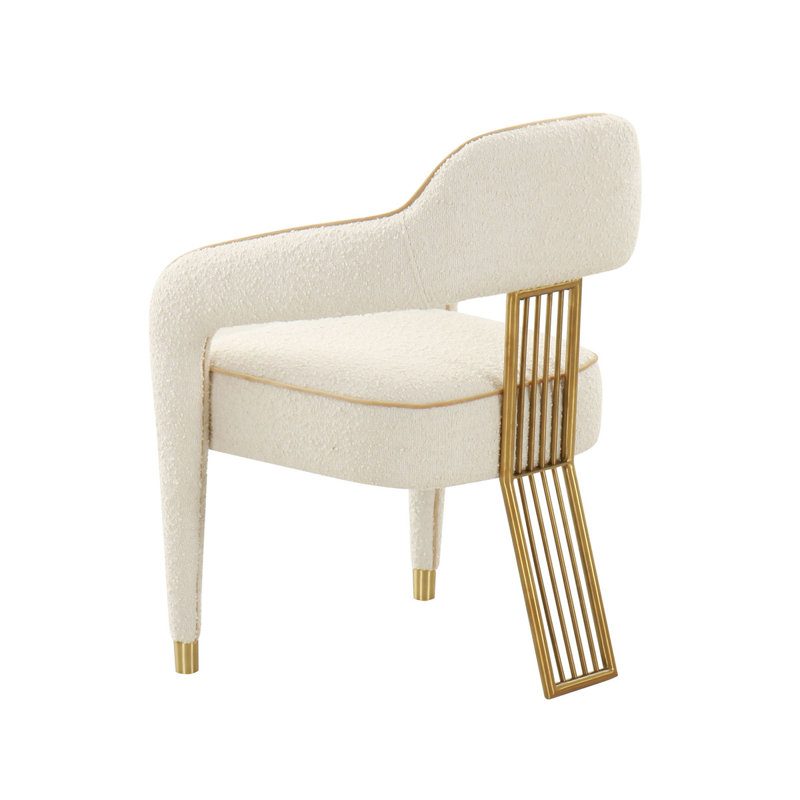 Cream Linen Upholstered Arm Chair with Gold Metal Accents