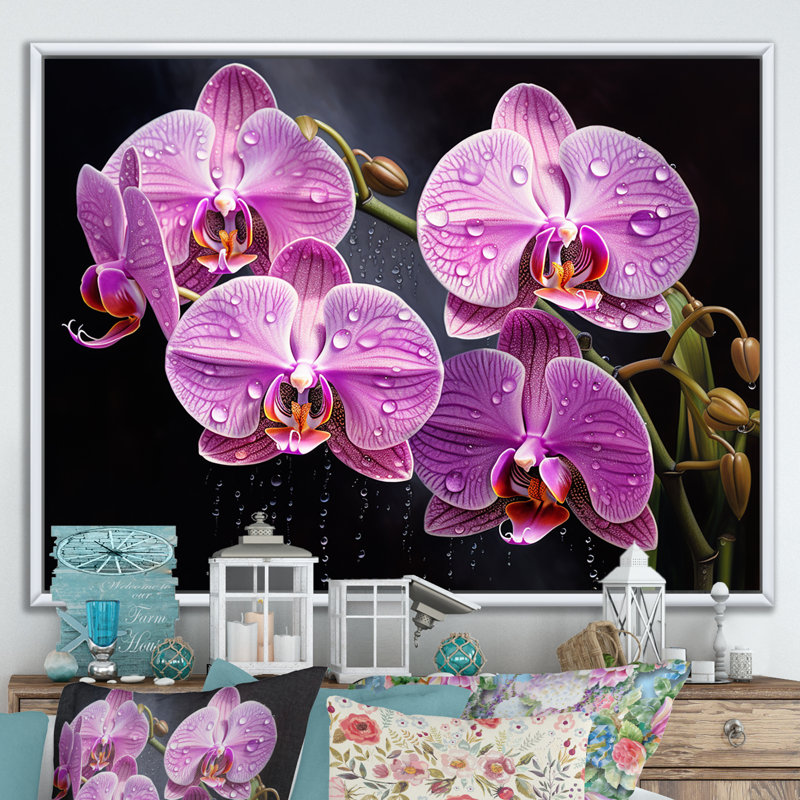 Orchidées roses, oasis sur toile, Cadre flottant blanc, H 12 po x l 20 po x P 1 po