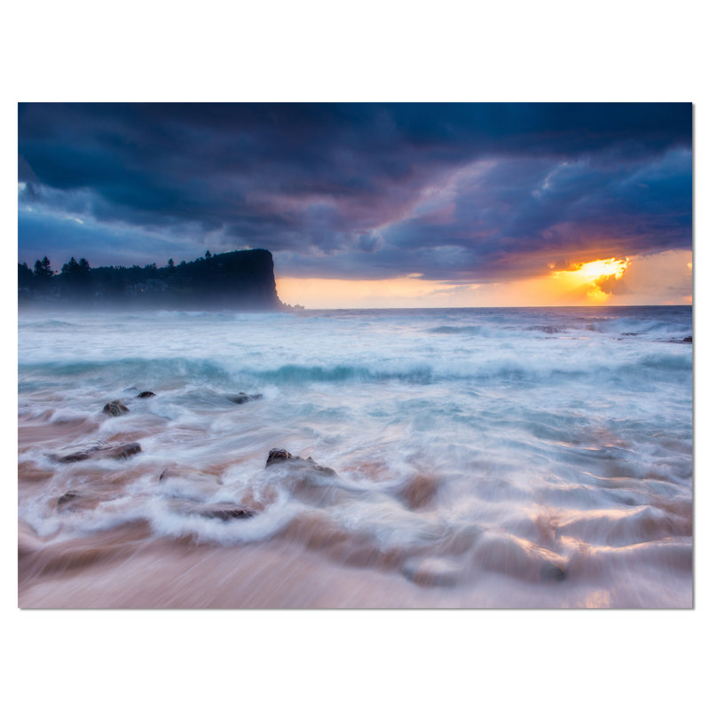 Très grand coucher de soleil avec vagues blanches, reproduction de photo sur toile tendue, H 30 po x l 40 po x P 1 po