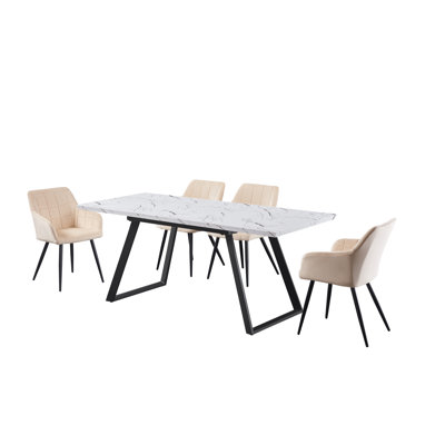 Yerres 4 Person Dining set - a Rectangular Extendable Dining Table with Metal Legs and a Set of 4 Quilted Velvet Dining Chairs for Dining Room - Modern Dining Table Set