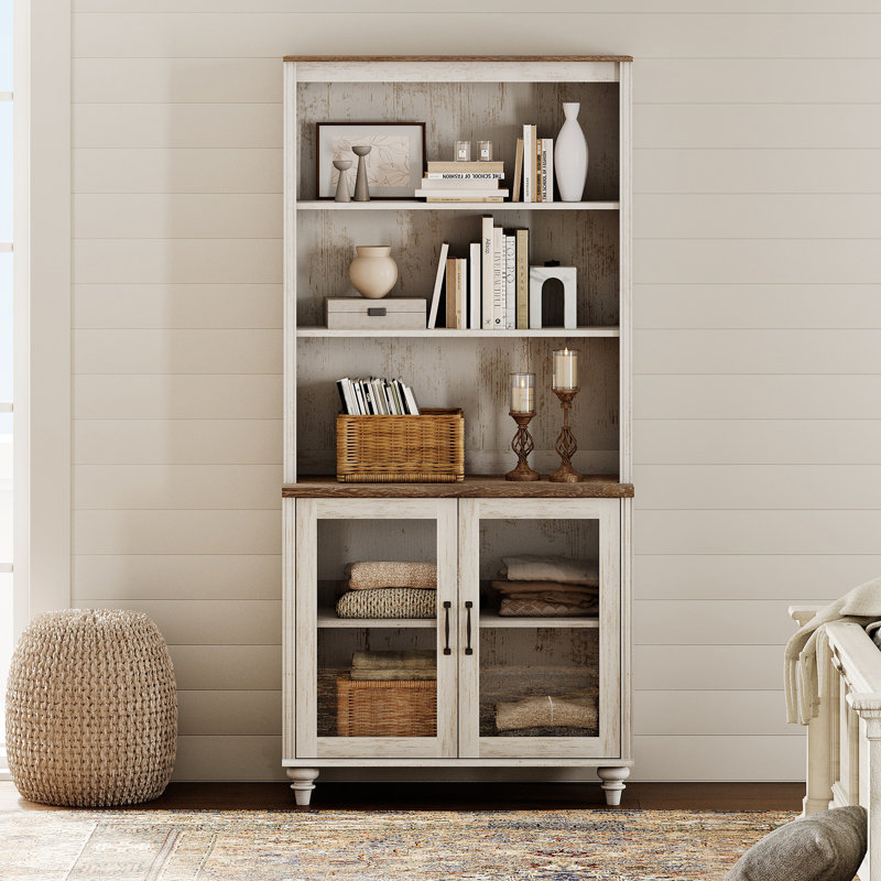 Armoire de garde-manger avec huche à bar, buffet avec portes en verre et étagère à 5 niveaux, blanc rustique