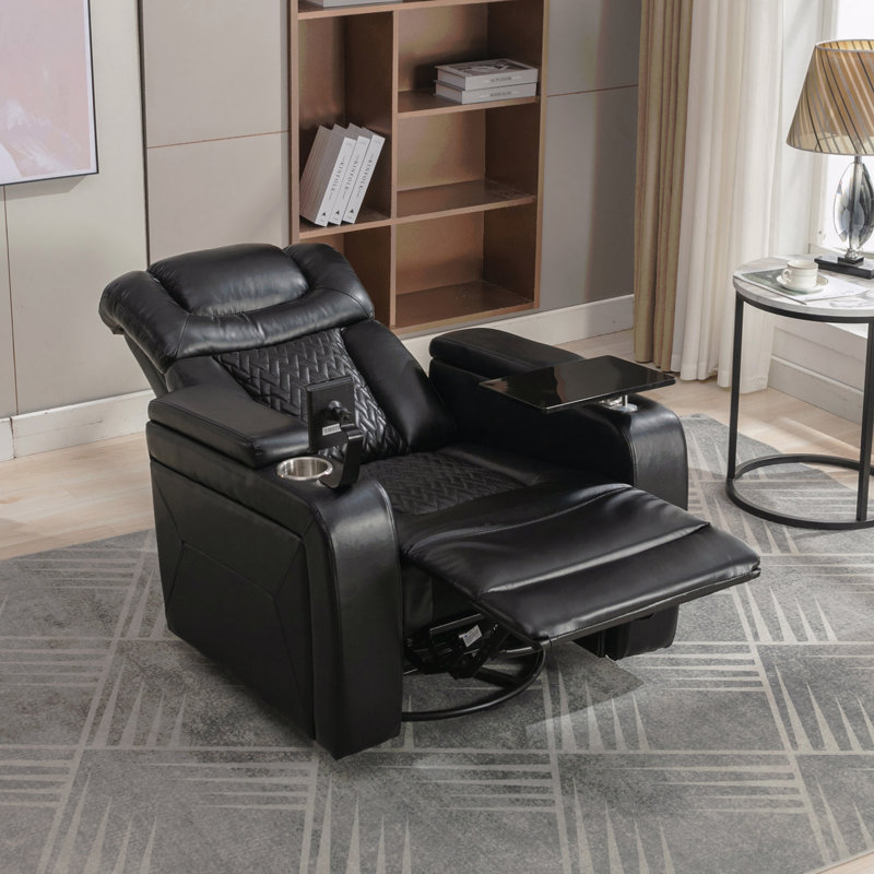 270° Swivel PU Leather Power Recliner - Home Theater, Tray Table, Phone Holder, USB, Storage, Black