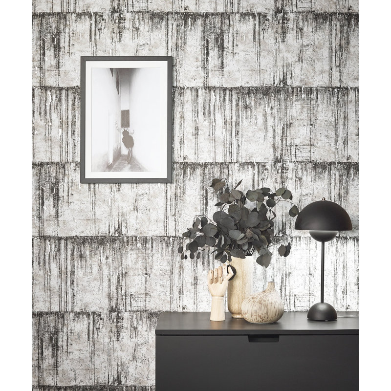 Air Collection Metallic Aged Concrete Textured Wallpaper Roll, Black