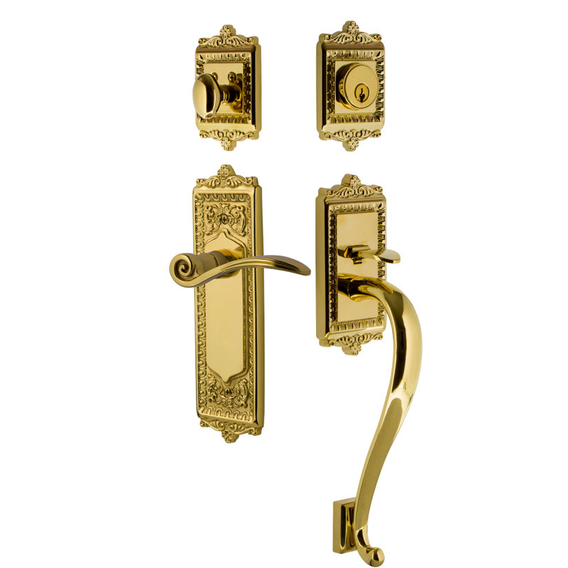 Nostalgic Warehouse Egg & Dart Plate S Grip Handleset with Single Cylinder Deadbolt and Swan Lever, Left, Polished Brass