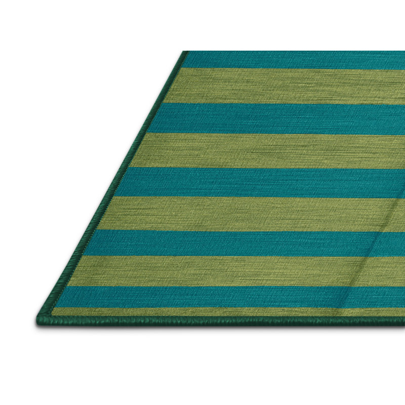 Machine Washable Horizontal Stripes Green Area Rug, Square 5'
