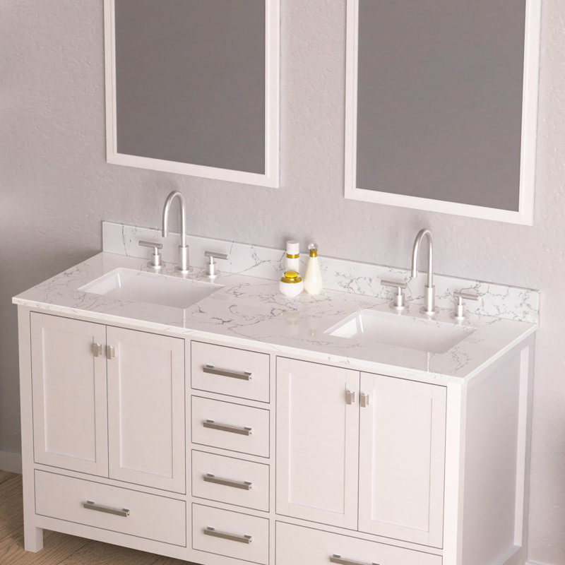 Comptoir-lavabo en pierre reconstituée de 152 cm (60 po) avec double vasque en céramique et dosseret.