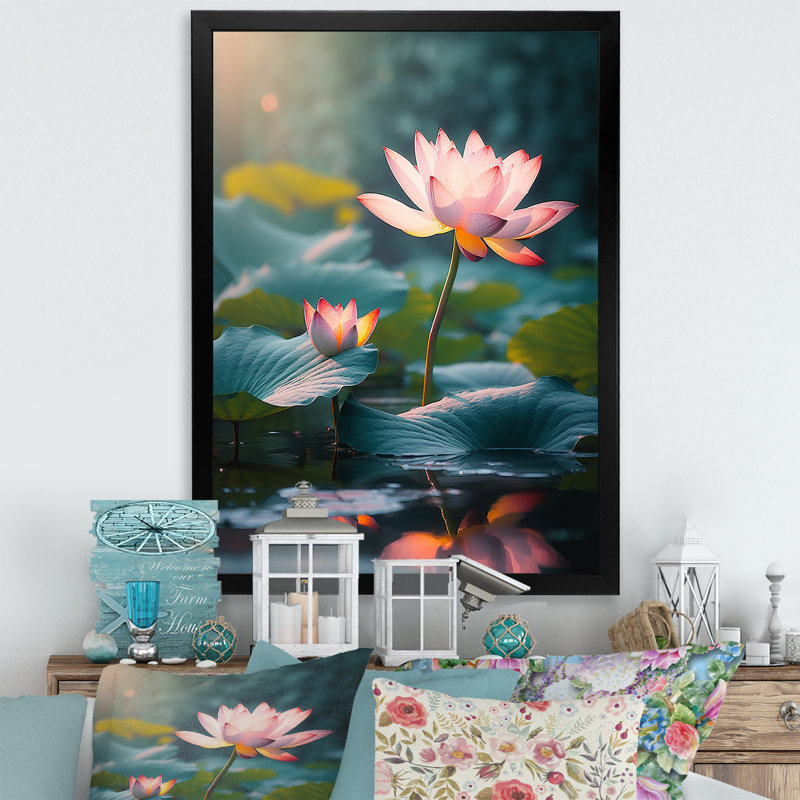 «Lotus Pond At Sunset I», reproduction sur toile, Cadre simple noir, H 44 po x l 34 po x P 1,5 po