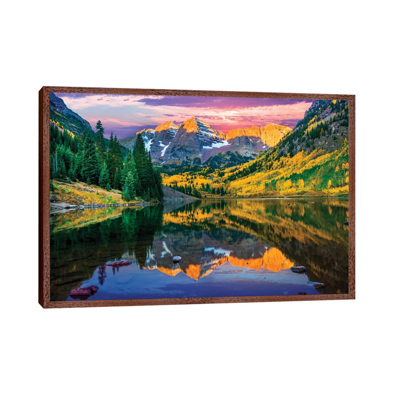Rise and Shine, Maroon Bells, Aspen Colourado 1 Piece Wall Art on Canvas, 101.6 cm H x 66.04 cm W, Classic Brown Wood Framed