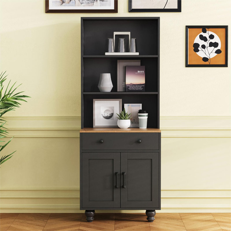 Storage Cabinet with Adjustable Shelves, 5 Tier Bookshelf with Drawer, Black