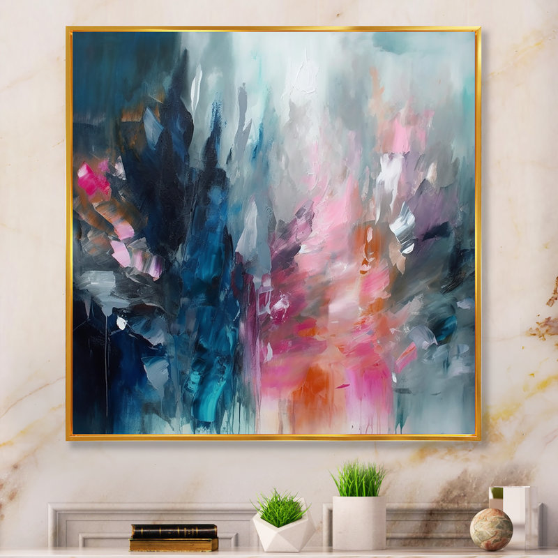 «Delvontae Blue and Pink Explosion Abstract», art mural abstrait, H 36 po x l 36 po, Reproduction avec cadre flottant, Doré