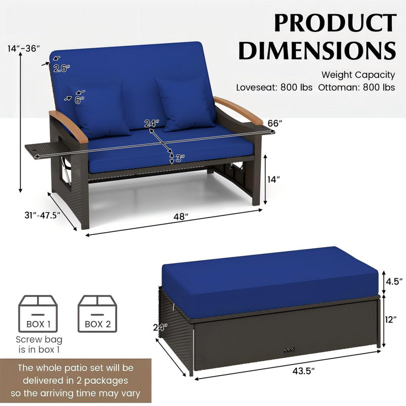 Patio Rattan Daybed Set w/ Cushioned Loveseat & Storage Ottoman, Navy
