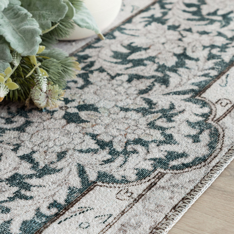 Gray and Teal Vintage Floral Washable Synthetic Area Rug 9' x 12'