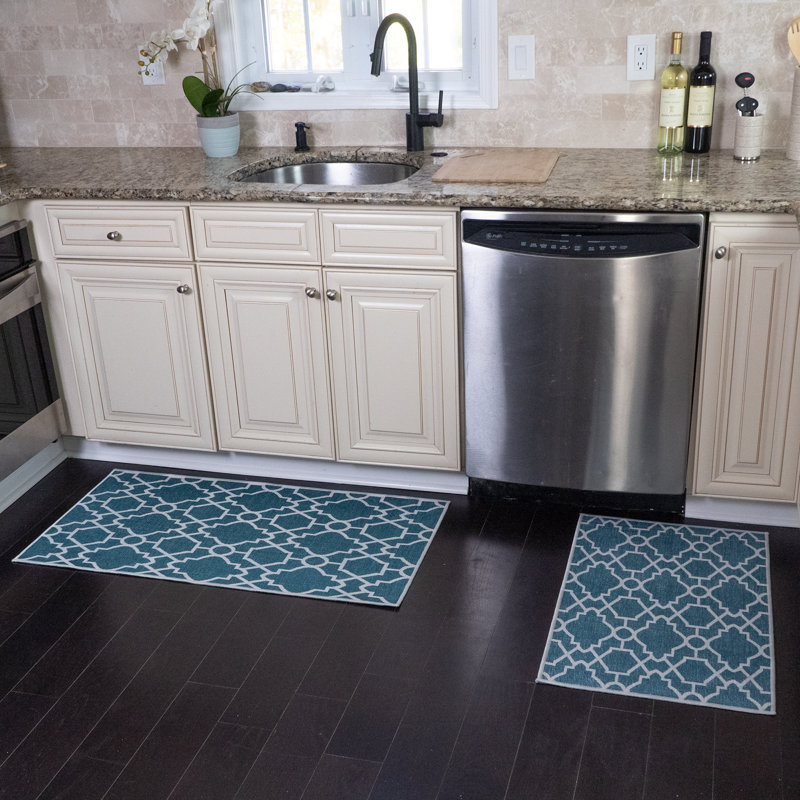 Devlen Geometric Non-Skid Kitchen Mat, Teal