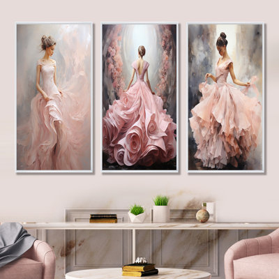 «Pink and White Woman Ballet Solitude I», ensemble de 3 reproductions d'art sur toile