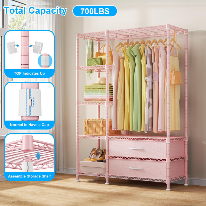 Pink Carbon Steel Portable Clothes Rack with Fabric Drawers