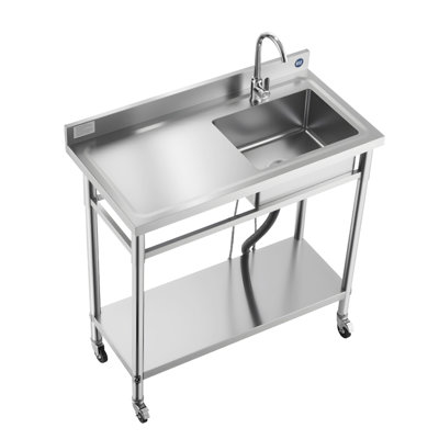 NSF Certified Stainless Steel Rolling Utility Sink with Faucet & Adjustable Shelf - Commercial Grade Kitchen Workstation