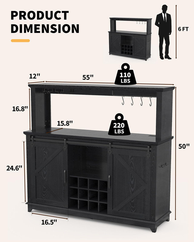 Buffet de 55 po avec prise de courant, lumière DEL et portes de grange, 50 55 16, Black