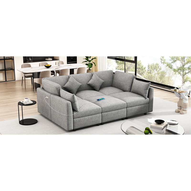 Lit gris 86,6 po à conception modulaire, abris mobiles et housse amovible pour un nettoyage facile en forme de L, système de sommier à deux contreplaqués gris
