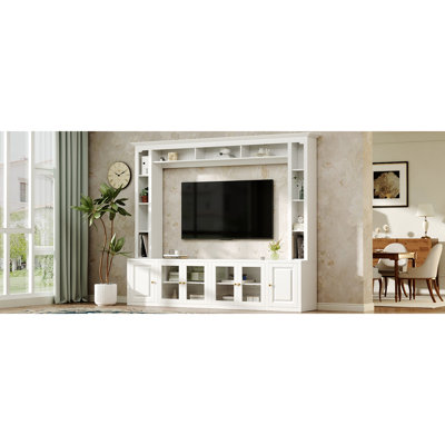 Meuble télé mural moderne blanc pour téléviseur de 80 po ou moins, console multimédia 92 po tout-en-un avec 4 armoires et 11 tablettes, avec panneau arrière dissimulant les poignées dorées, dispositif de basculement, pièce Smart Hole