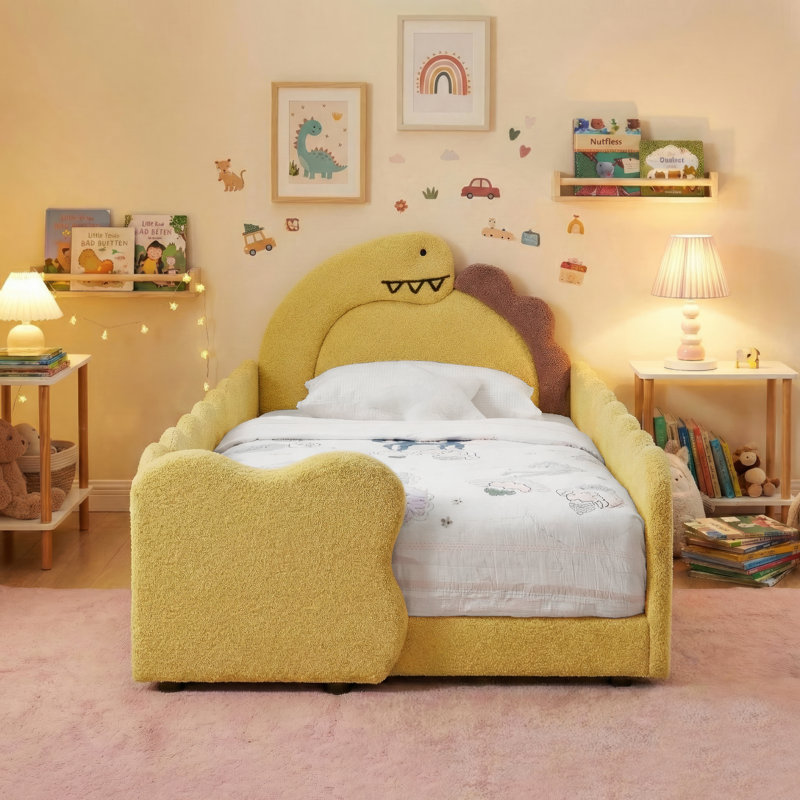 Lit pour enfant rembourré en forme de dinosaure avec garde-corps de sécurité et support en lattes de bois massif Boucle, Twin
