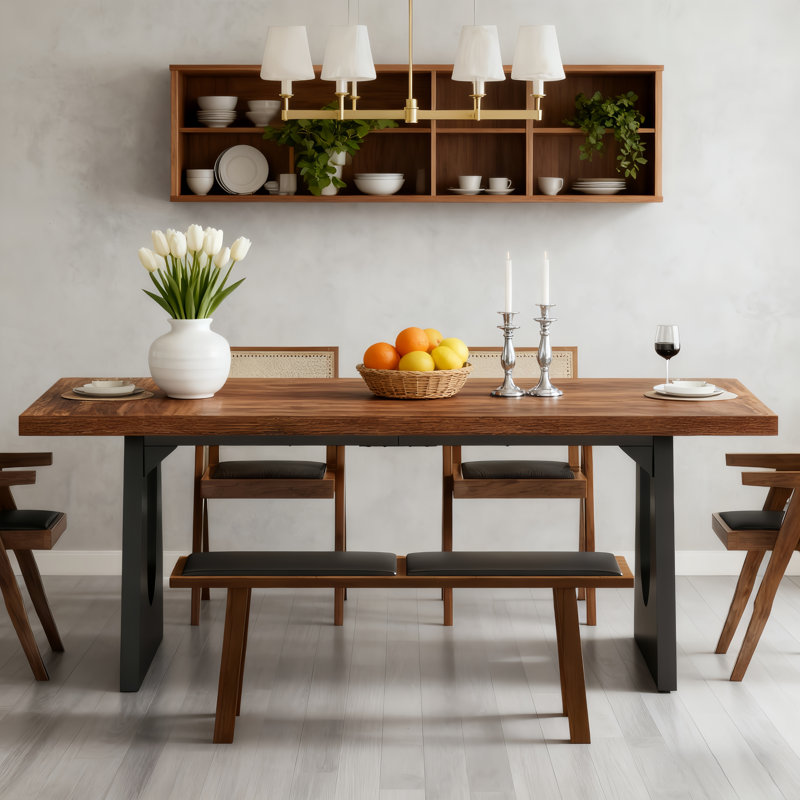 Table de salle à manger en bois pour 6 à 8 personnes en bois, 70,8 po, Noir, Brun rustique