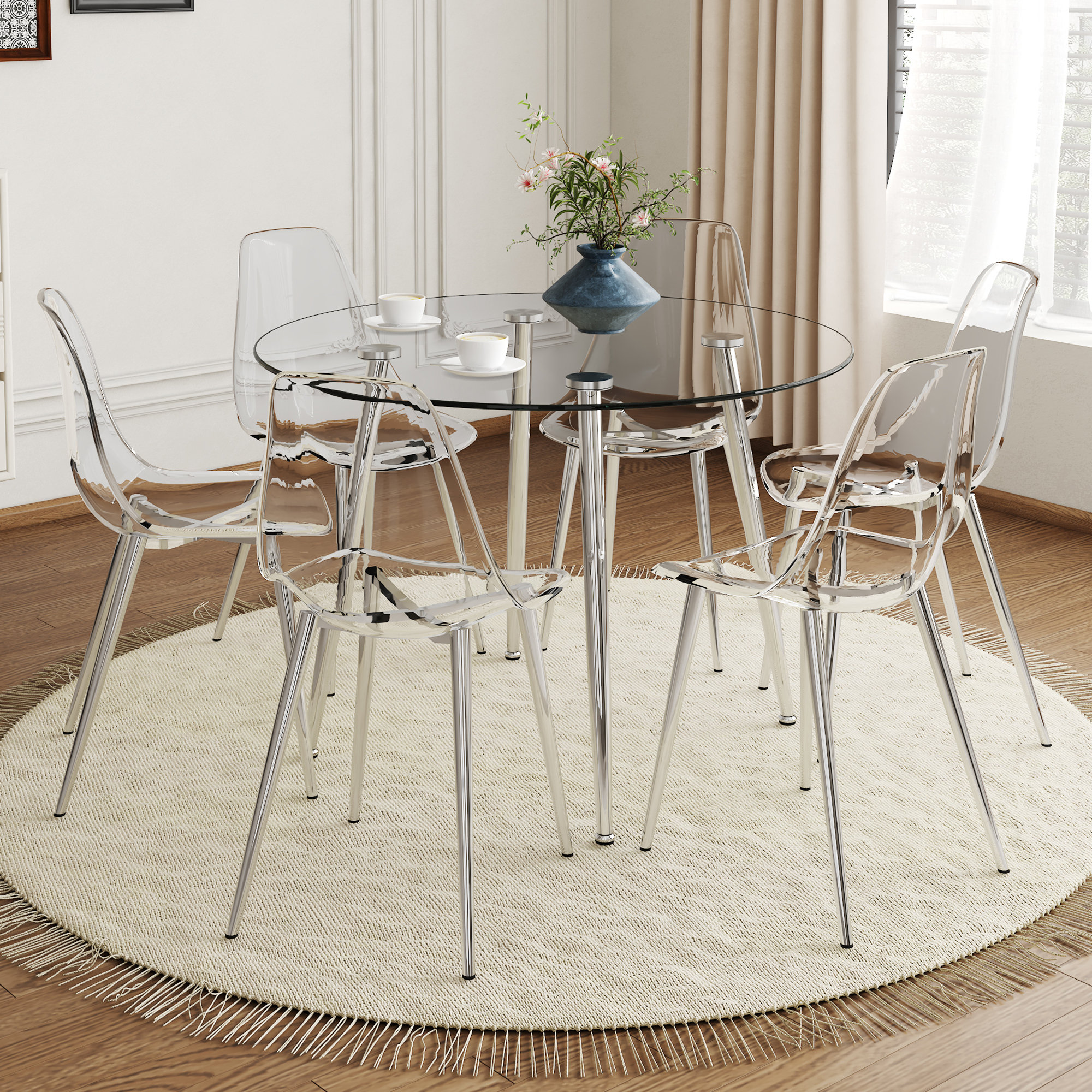 Ivy Bronx Modern Minimalist Dining Set Round Tempered Glass Table With