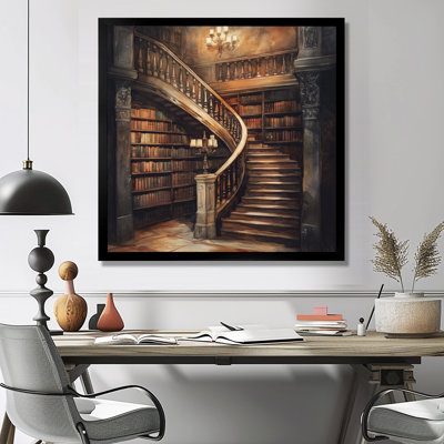Escalier à travers les étagères - Tableau encadré de bibliothèque