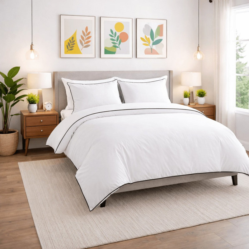 Solid White Piped Duvet Cover Set – Modern Minimalist Bedding with Pillowcase
