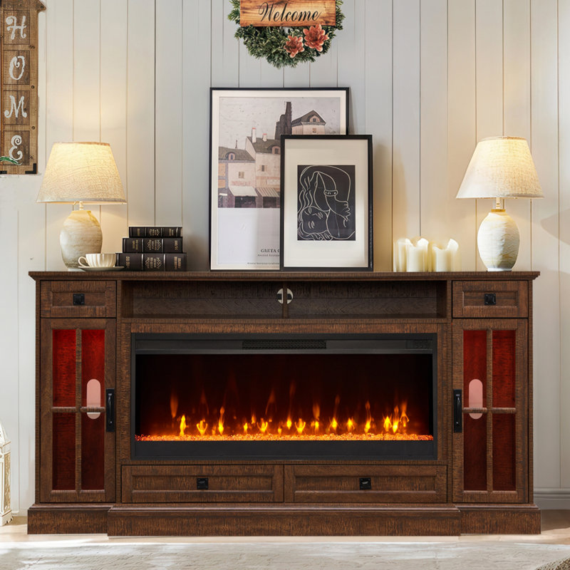 Aira 70" W Wood Fireplace TV Stand with Timer, Brown Wood