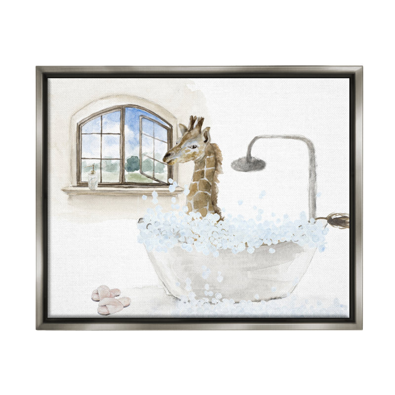 Girafe, bain moussant, scène - impression, H 25 po x l 31 po x P 1,7 po, Cadre flottant gris lustré