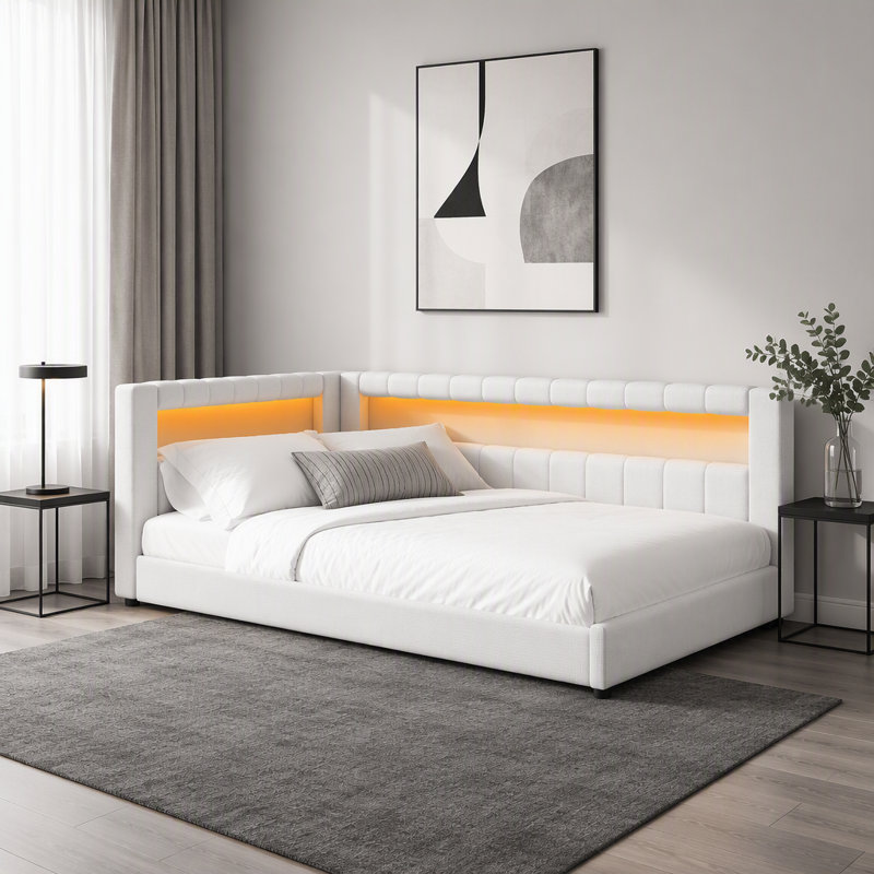 Lit plateforme tapissier avec ports USB et ceinture DEL, Simple extra long, Blanc, crème