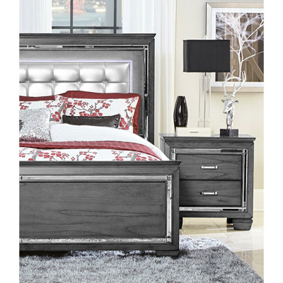 Table de chevet chic avec 2 tiroirs, éclairage à DEL et faux cristaux pour une allure élégante 2 et gris