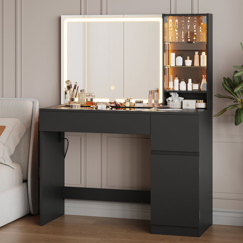 Decalt Makeup Vanity with Glass Table and Charging Station, Vanity Table with Lighted Mirror and 2 Drawers for Bedroom, Black