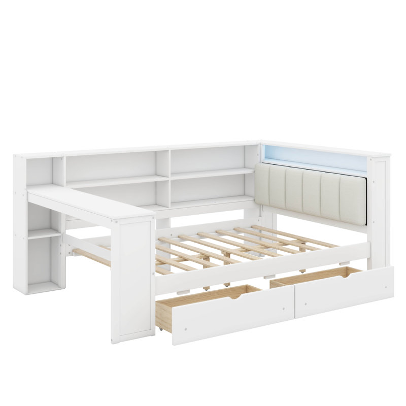 Lit plateforme double avec tiroirs, station de charge, DEL, Blanc / beige