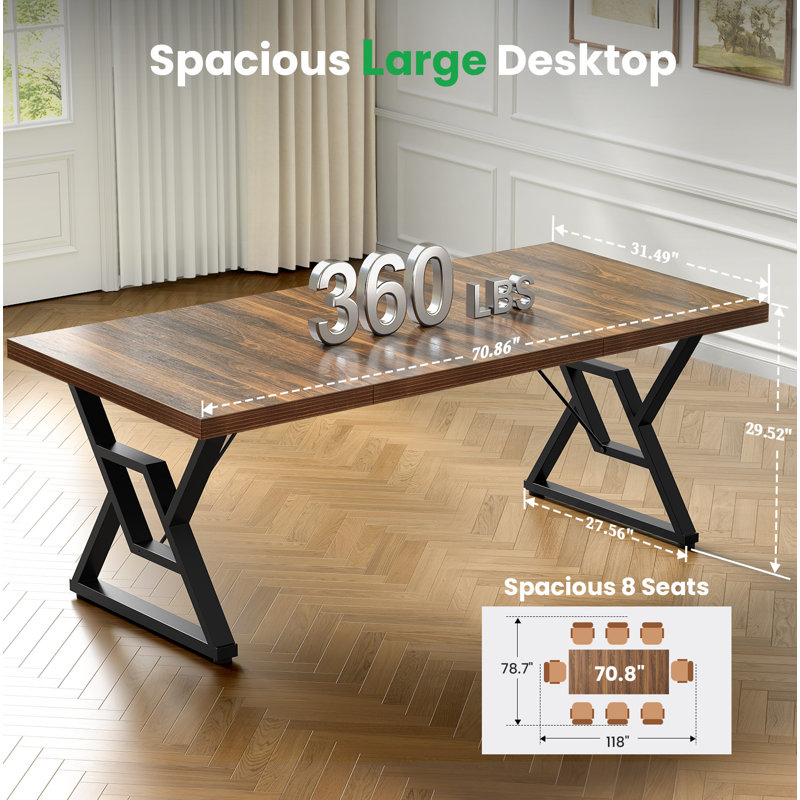 Computer Desk Executive Desk With Thick Wooden Tabletop And Metal Frame, Brown, 29.52” H x 70.8” W x 31.5” D