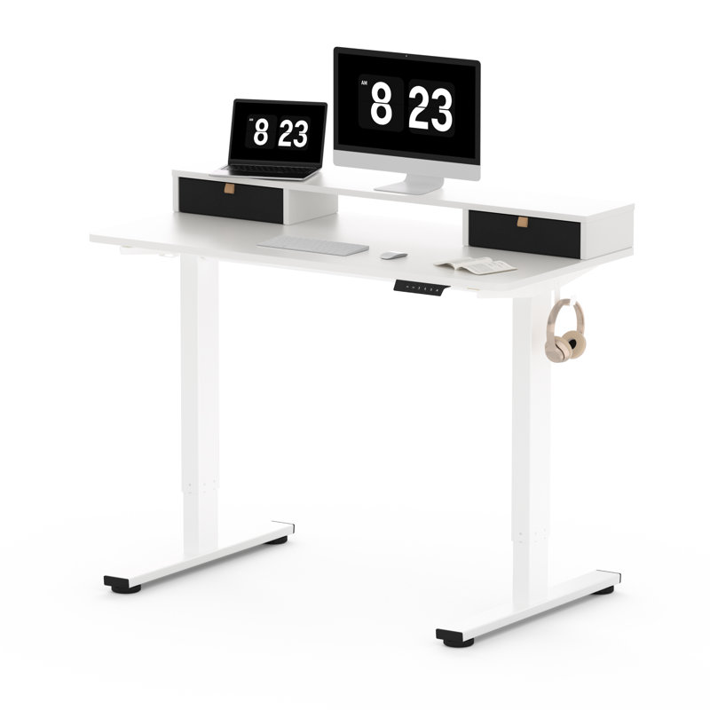 Bureau debout à hauteur réglable avec 2 tiroirs Lysandre Home Office, H 48,6 po x l 47,3 po x P 23,6 po, Blanc
