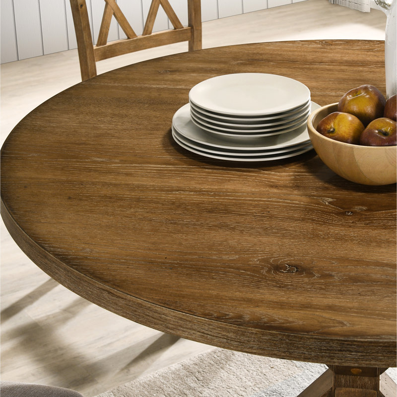 Table de salle à manger à hauteur de comptoir - style avec base en croix. Brun, bois franc, plateau en bois d'hévéa massif pour 4 personnes. L 47,2 po x P 47,2 po x H 36 po. Plateau épais de 1,4 po. Assemblage requis