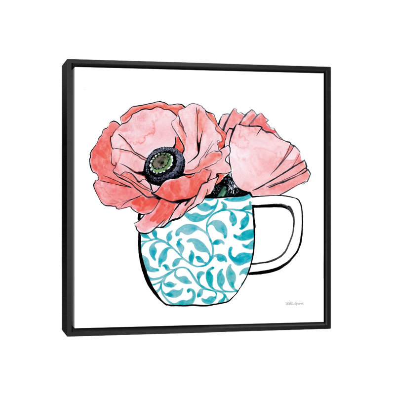 « floral tasses ii », reproduction d’impression sur toile, H 18 po x l 18 po x P 1,5 po, Toile avec cadre noir, Pas de tapis