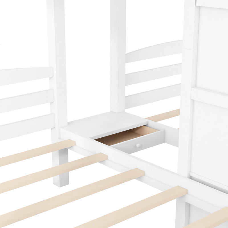 Lit simple au-dessus d'un lit superposé blanc, escalier intégré, tiroir de rangement, tablette supérieure et lit simple bien conçu, escalier avec rangement, chevet au design moderne