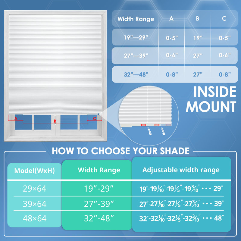 No Drill Trimmable Cellular Shade, 29" W x 64" L