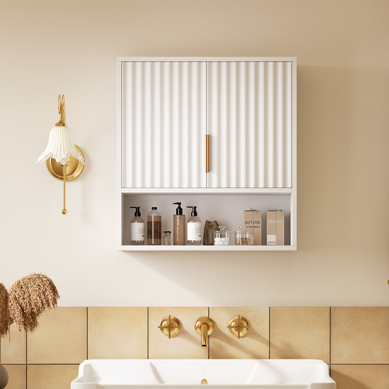 White Bathroom Wall Cabinet 3 Tier Grille 2 Door, White
