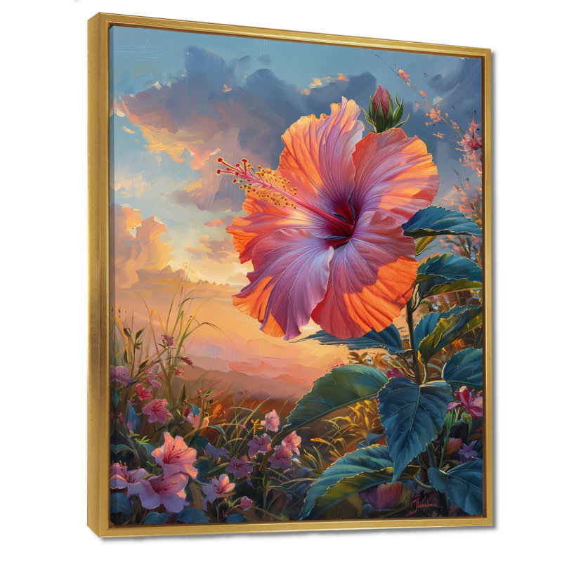 Hibiscus rose, vert, coucher de soleil tropical - Hibiscus, Cadre flottant doré, H 12 po x l 20 po