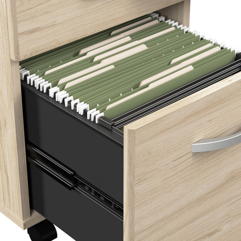 Bureau de réception en L avec piédestal mobile à 3 tiroirs Arrive, Orme naturel