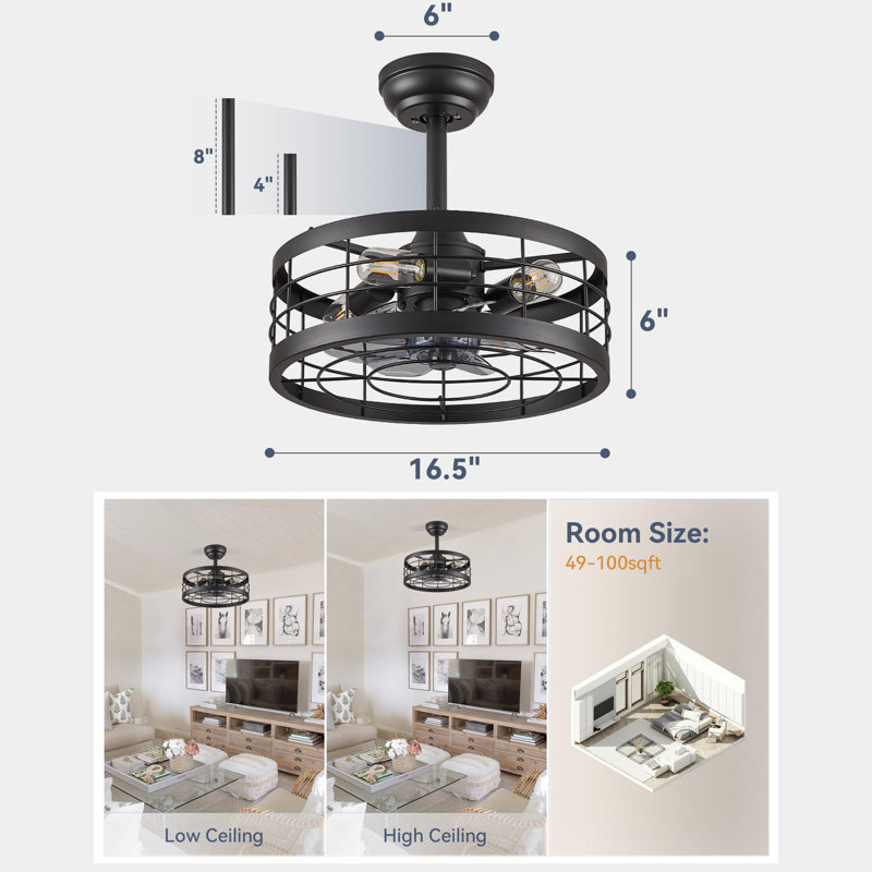 16.5 inch Fandelier Industrial Ceiling Fans with Lights and Remote, 16.5" Wide, Black