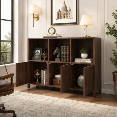 Modern 3-Door Storage Cabinet with Fluted Panels and Open Shelves, Push-to-Open Doors, Anti-Tip Design for Living Room and Home Office