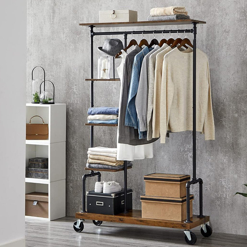 Rustic Brown Industrial Pipe Style Rolling Clothes Organizer with Wood Shelves